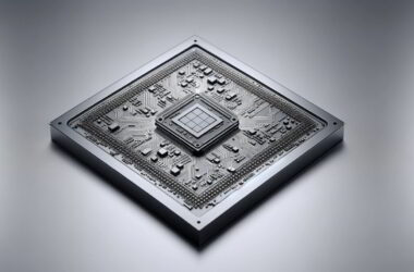 The image showcases a detailed semiconductor microchip with intricate circuits, prominently featured against a simple solid gray background. The microchip is centered, highlighting its complex design, symbolizing a semiconductor foundry's precision and technology.