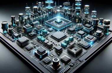 image of integrated semiconductor products showcasing various components like chips and circuits, each involved in tasks such as power switching, conversion, and signal conditioning.