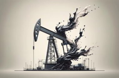 An oil derrick actively extracting oil, shown as a dynamic black flow, with gas visualized as a faint mist. The machinery is sleek and modern, set against a light gradient background, enhancing the contrast between the extraction elements and the surroundings.