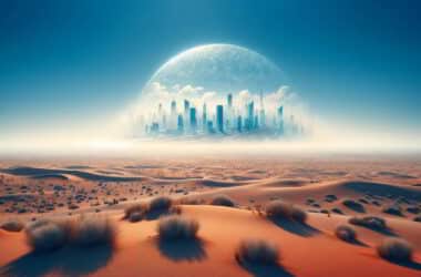 A photorealistic image depicting a desert landscape with a clear blue sky and a distant mirage of a bustling city skyline. The city appears as a shimmering, slightly distorted illusion in the barren desert, symbolizing deceptive job growth.