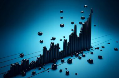 A minimalist image featuring an abstract rising graph with oil droplets ascending along the lines. The background is a solid deep blue, complementing the black oil droplets, symbolizing economic growth in oil sales.