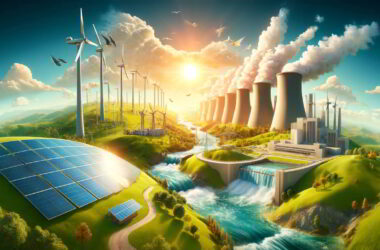 image depicting various clean energy systems, including solar panels, wind turbines, a hydroelectric dam, and a nuclear power plant.