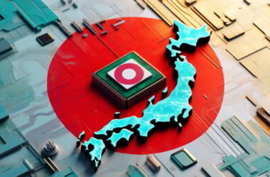 image featuring the country of Japan with the Japanese flag and a semiconductor microchip