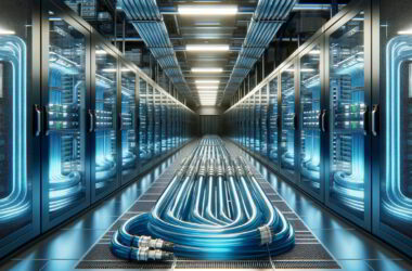 image of a modern data center utilizing direct liquid cooling systems to enhance efficiency. It depicts rows of server racks with transparent pipes showing blue coolant.