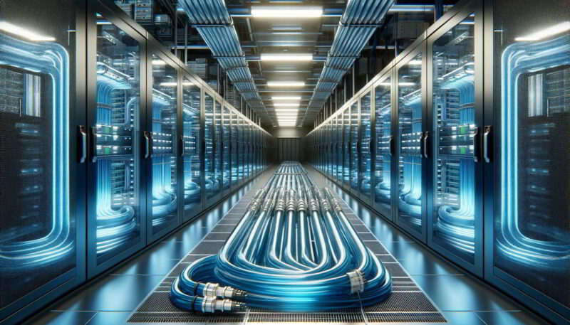 image of a modern data center utilizing direct liquid cooling systems to enhance efficiency. It depicts rows of server racks with transparent pipes showing blue coolant.